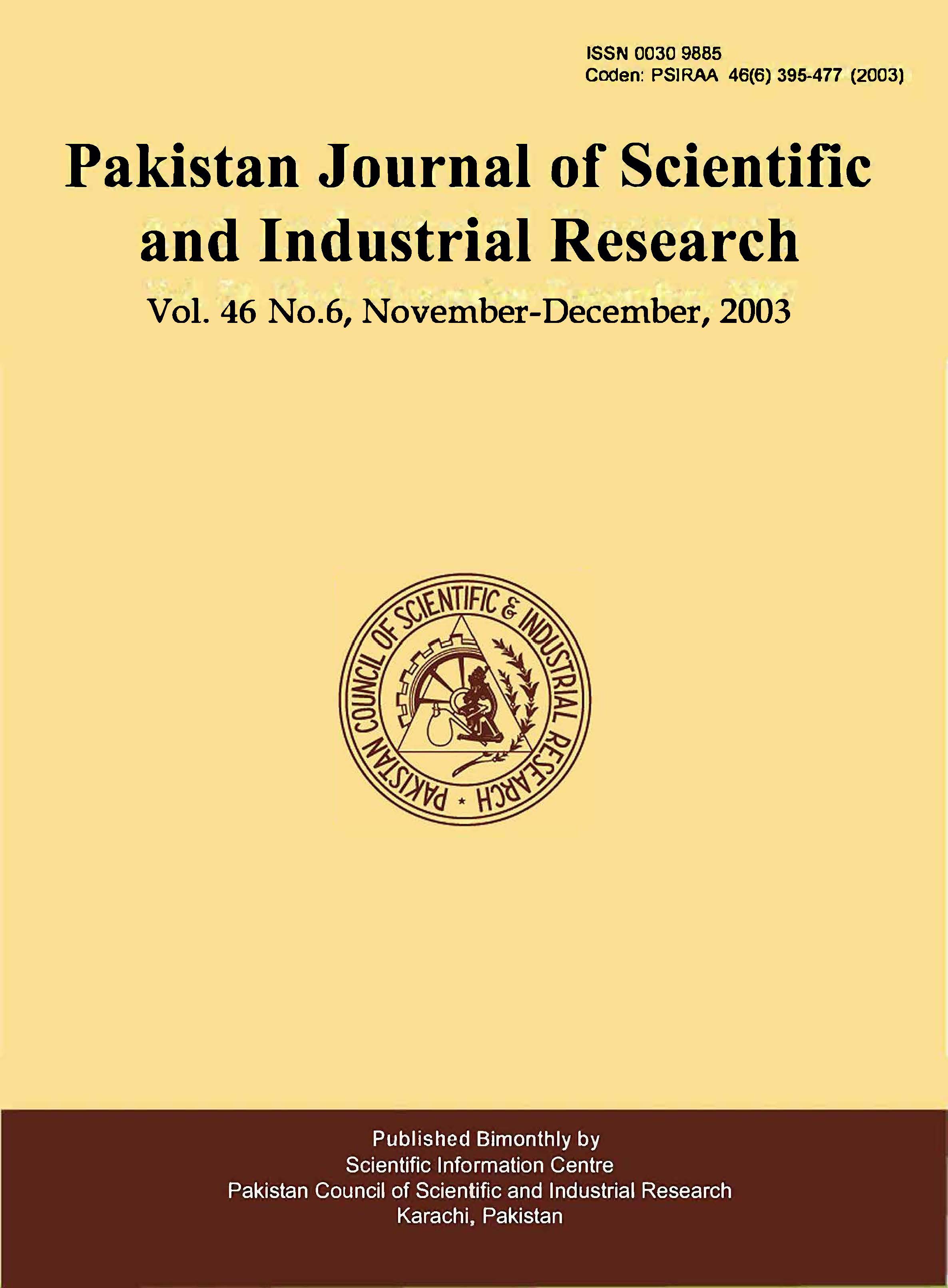 					View Vol. 46 No. 6 (2003): Pakistan Journal of Scientific and Industrial Research
				